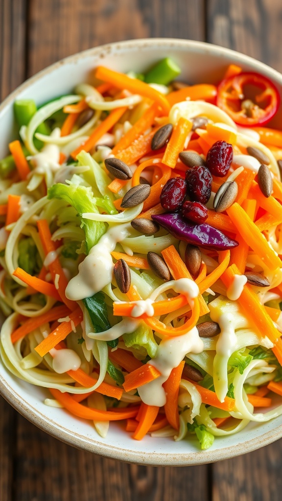 A colorful cabbage patch salad with shredded cabbage, carrots, and bell peppers, garnished with sunflower seeds and cranberries.